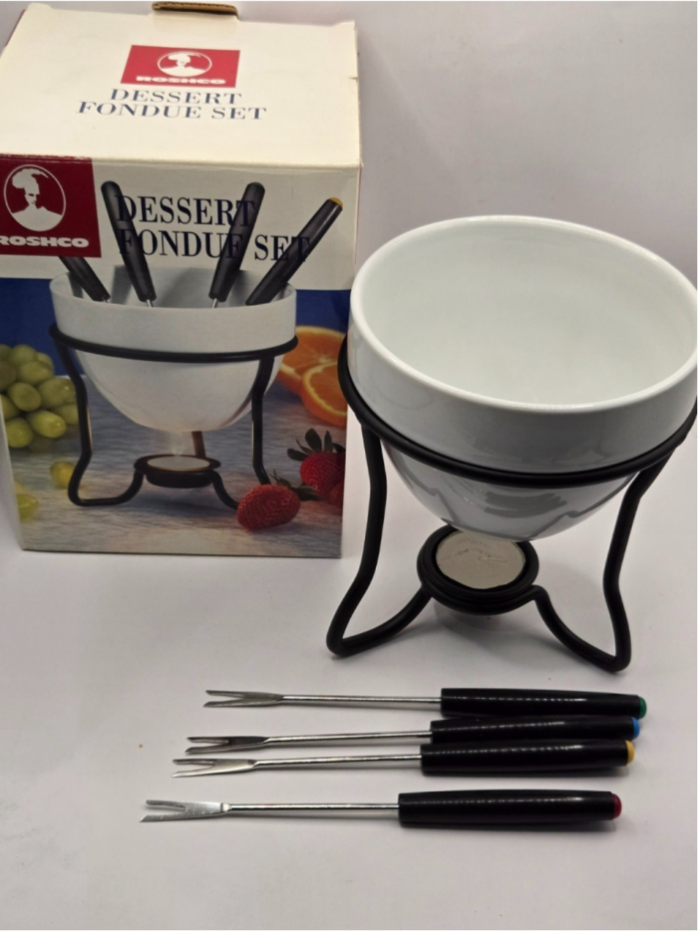 ROSHCO Nesting Dessert FONDUE Set WHITE CERAMIC pot Bowl with box